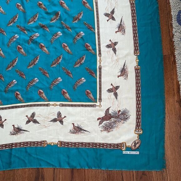 Vtg Gina Ruccini pheasants & feathers extra large scarf or wrap - Picture 5 of 9